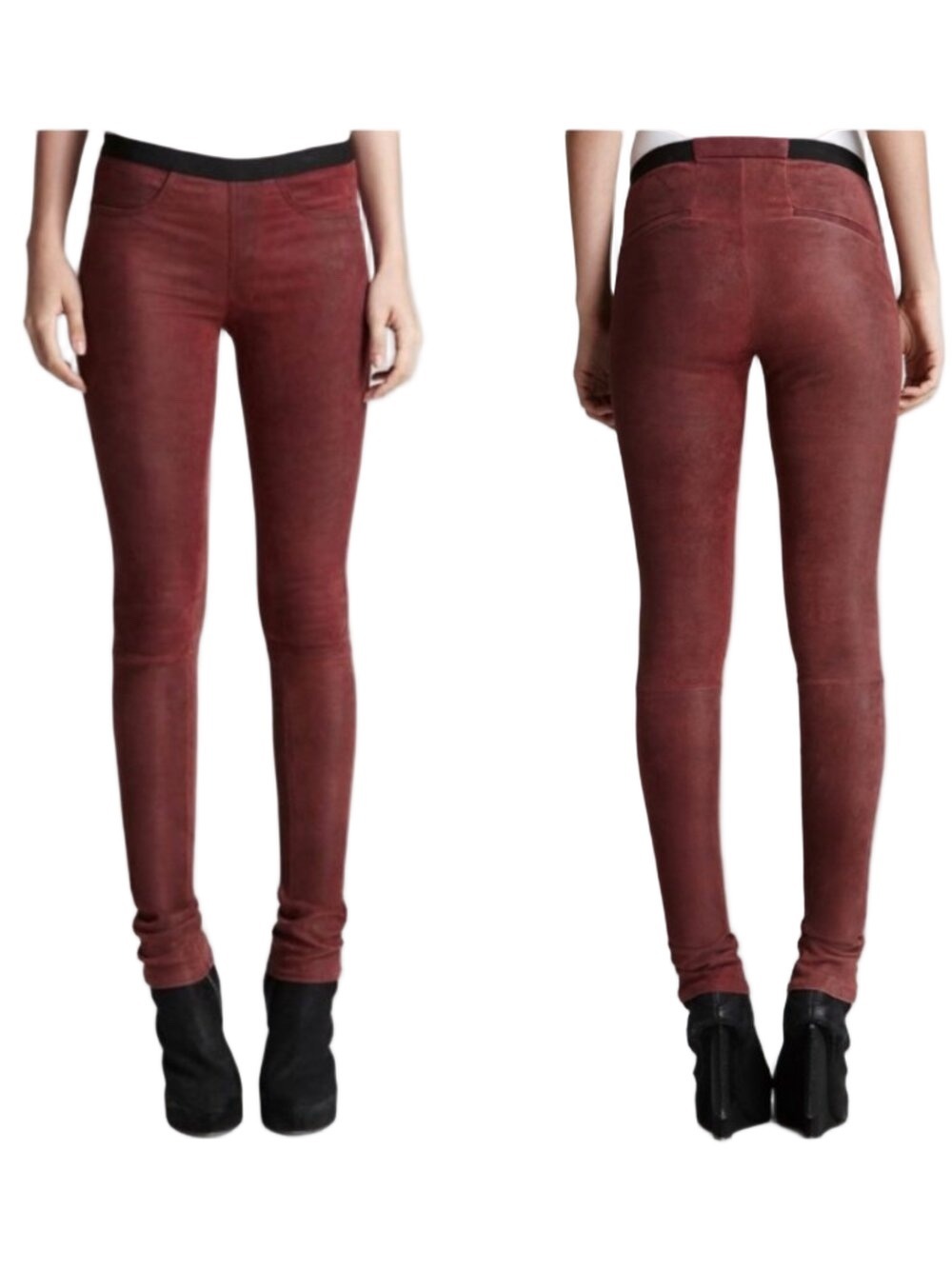 Helmut Lang Burgundy Red Lambskin Pull-on Skinny Stretch Leather Pants Size 2